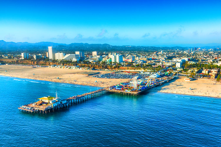 Aerial view of Santa Monica coastline featured on our Los Angeles Tour