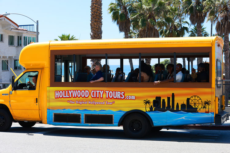 Tour Bus traveling along the coast during our Los Angeles Tour experience